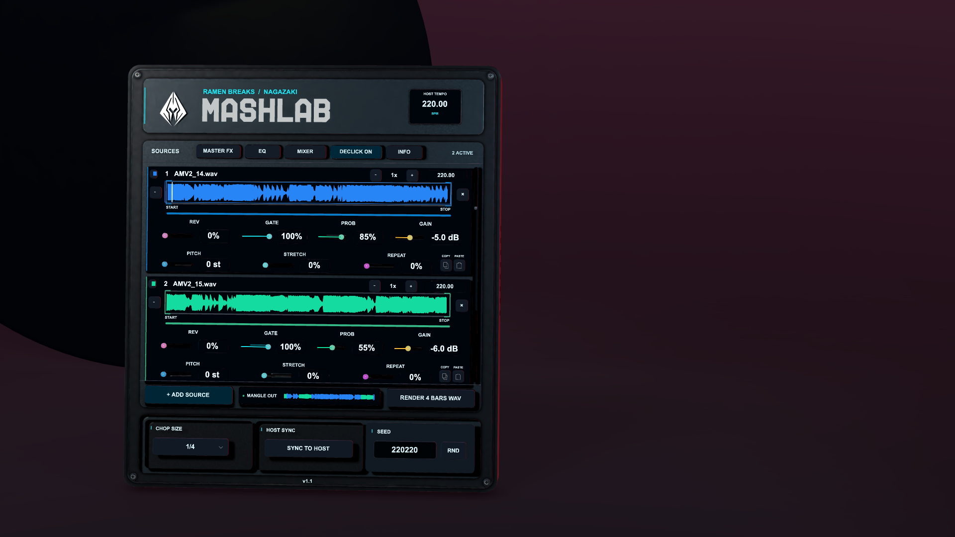 Physical 3D visualization of MashLab with two expanded audio sources and their variation controls