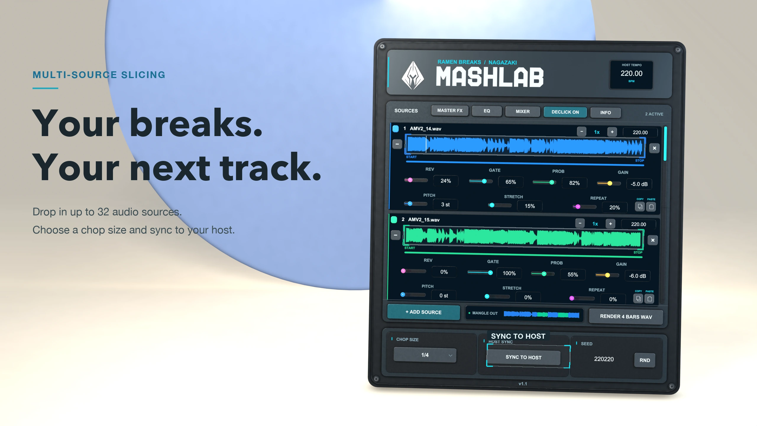 MashLab sources overview: two sources, variation controls, chop size and host sync